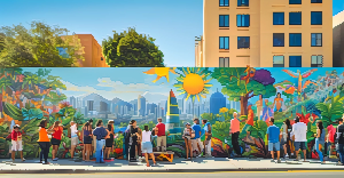 A lively mural being painted by a diverse group of people in San Diego, featuring bright colors and cultural themes.