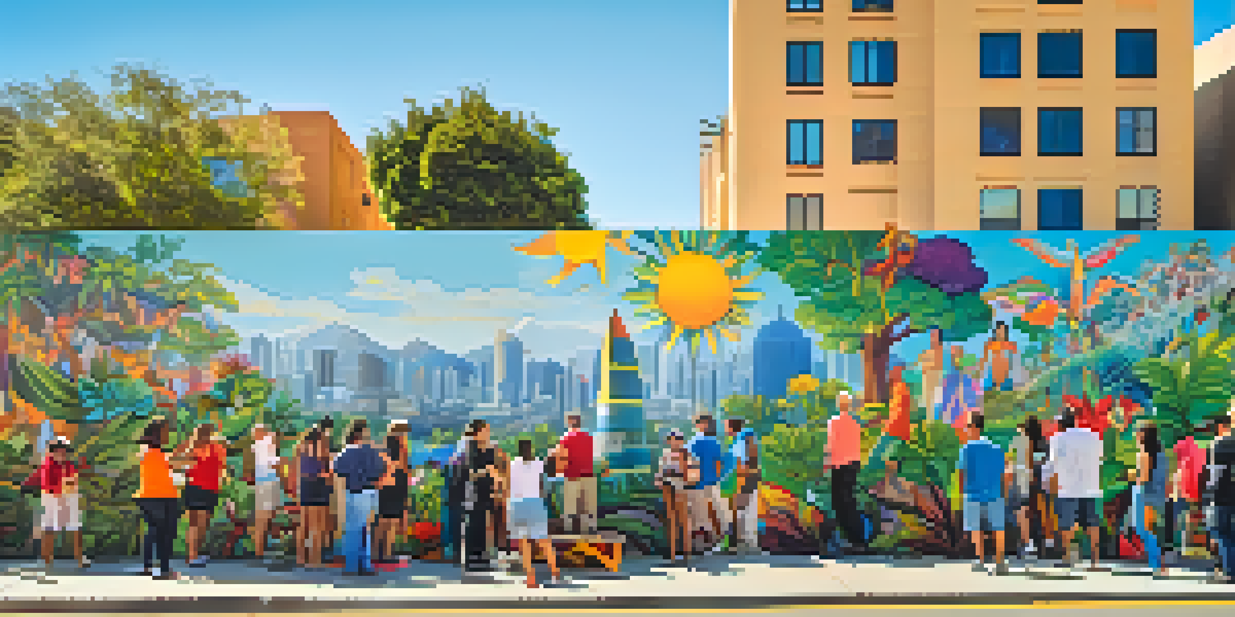 A lively mural being painted by a diverse group of people in San Diego, featuring bright colors and cultural themes.