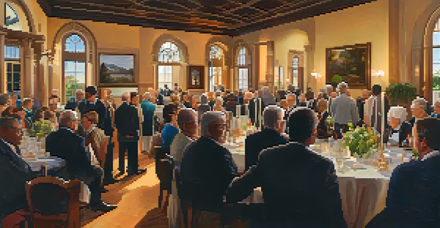 A community gathering at a historic preservation awards ceremony with attendees discussing preservation efforts.