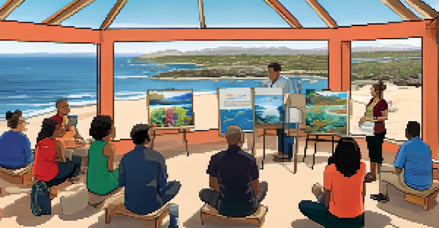 An outdoor workshop on coral reef conservation with participants and informative displays, coastline in the background.