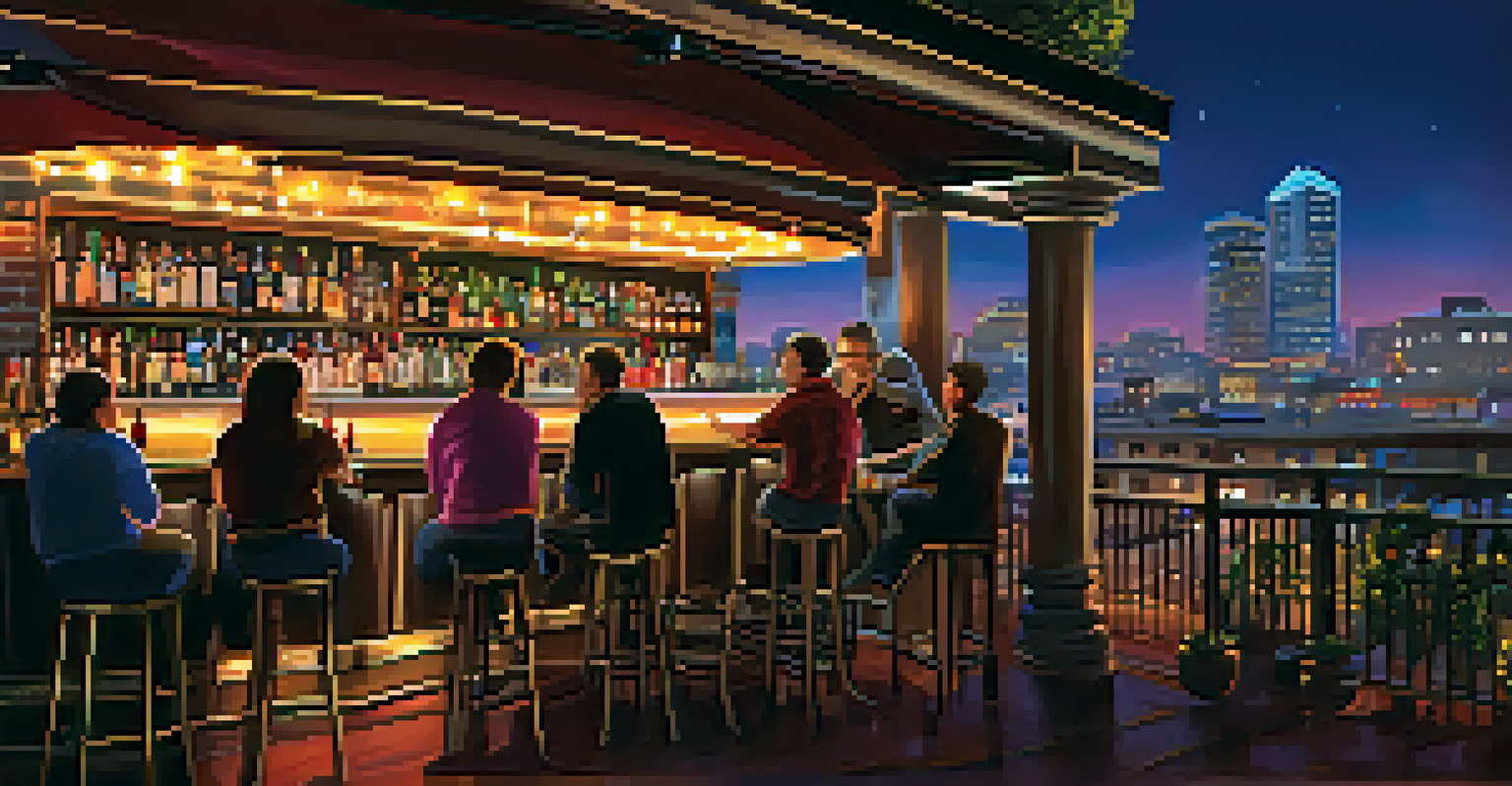 A rooftop bar in the Gaslamp Quarter at night, with string lights and city skyline, showing patrons enjoying drinks and live music.