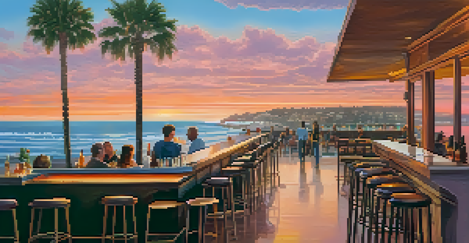 A tranquil sunset view from a bar in La Jolla, with patrons enjoying drinks and ocean views.