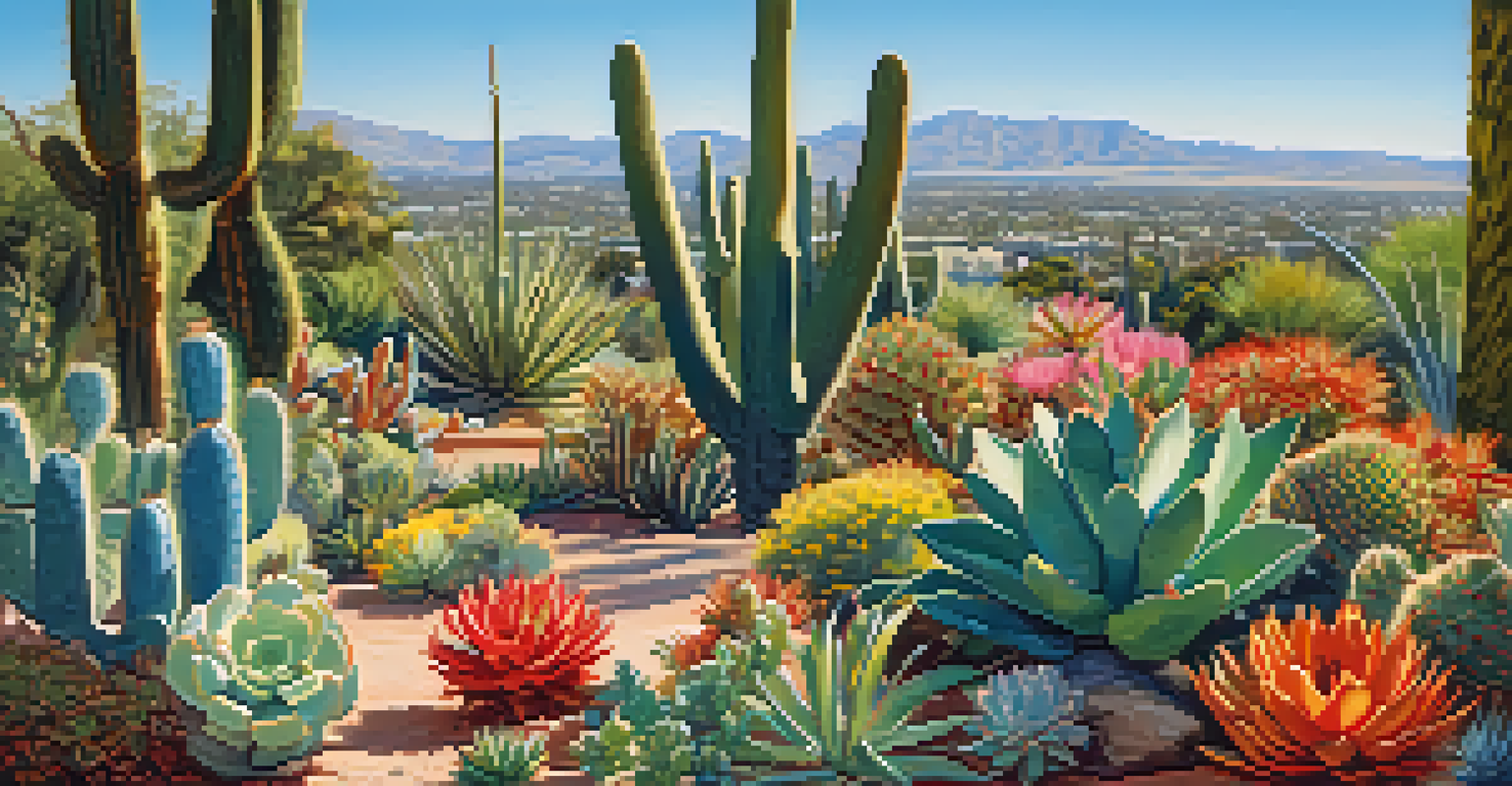 A colorful array of cacti and succulents with blooming desert wildflowers under a clear blue sky in the Desert Garden.