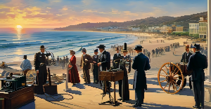 A historic scene depicting San Diego's coastline in the early 1900s, with vintage film crews and period-dressed actors on the beach during sunset.