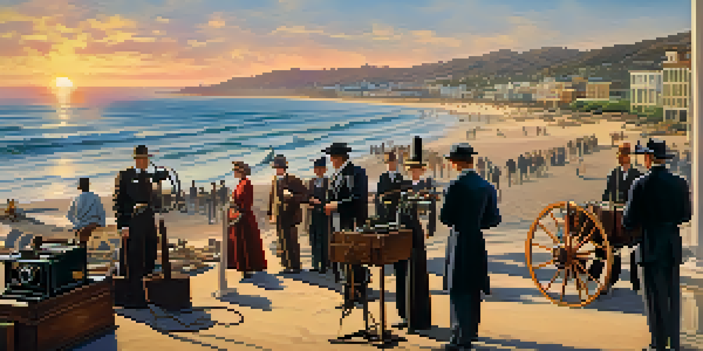 A historic scene depicting San Diego's coastline in the early 1900s, with vintage film crews and period-dressed actors on the beach during sunset.