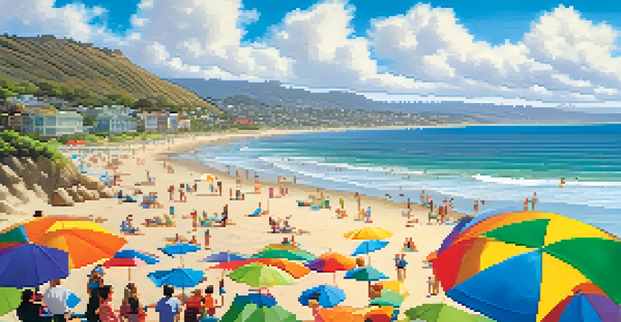 A sunny beach scene in San Diego with families, colorful umbrellas, and green cliffs under a blue sky.