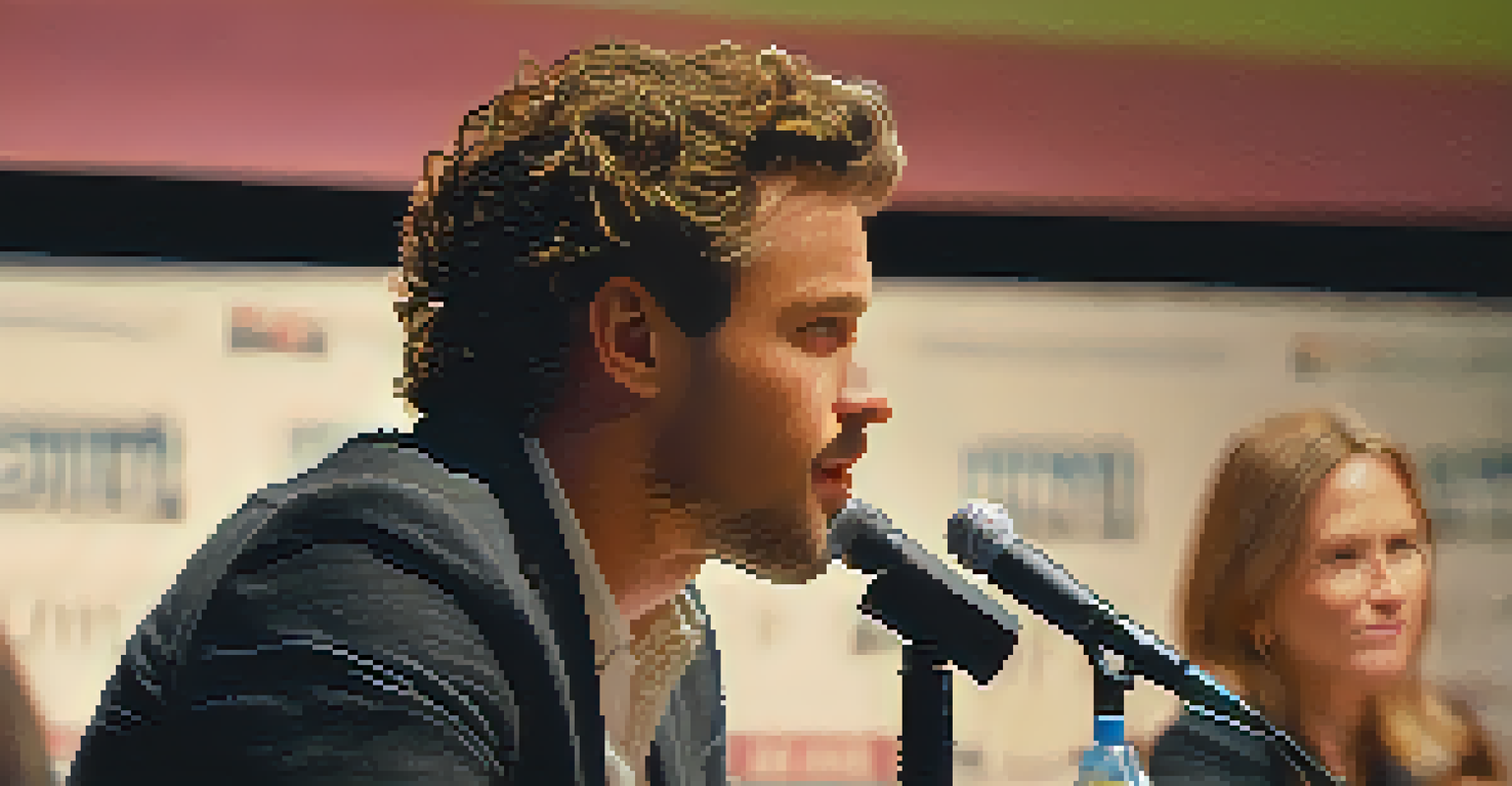 A close-up of a passionate filmmaker speaking at a panel discussion, with soft lighting and a blurred audience in the background.