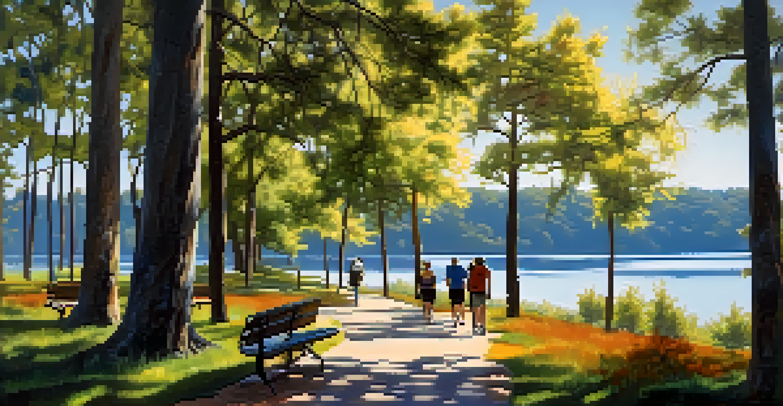 A tranquil lake scene with a walking trail, surrounded by trees and birds, where hikers enjoy the peaceful atmosphere.