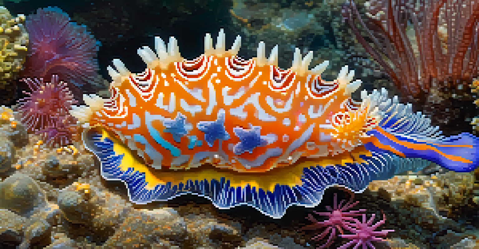 A close-up of a colorful nudibranch in a tide pool, surrounded by sea stars and anemones.