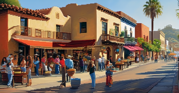 A lively street in Old Town San Diego featuring historic buildings, shops, and people enjoying traditional Mexican food under warm sunlight.