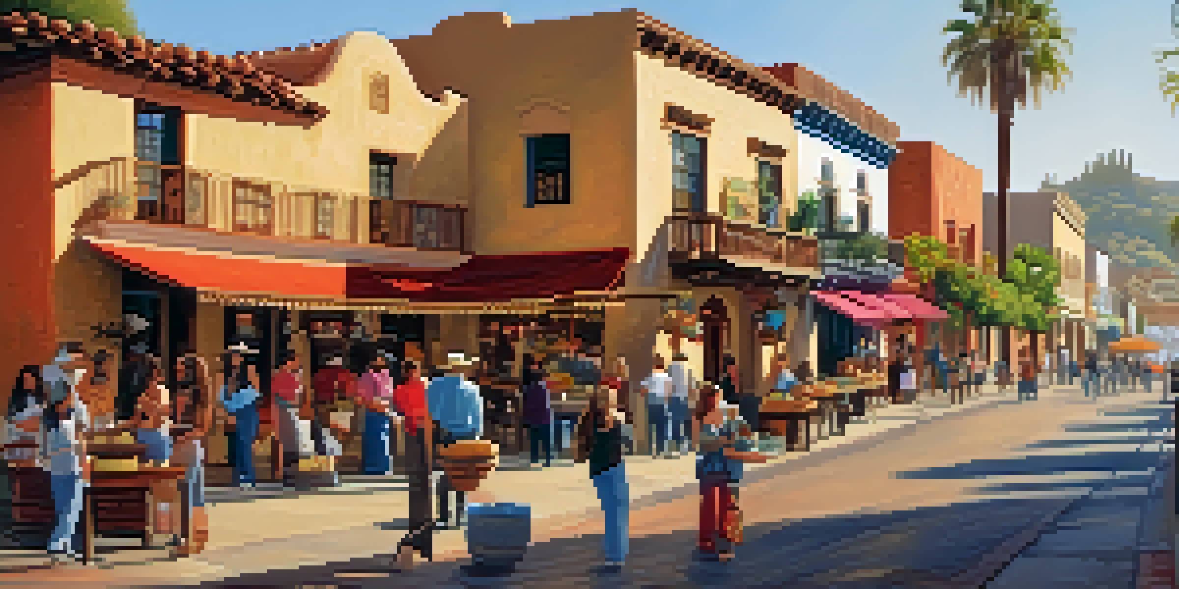 A lively street in Old Town San Diego featuring historic buildings, shops, and people enjoying traditional Mexican food under warm sunlight.