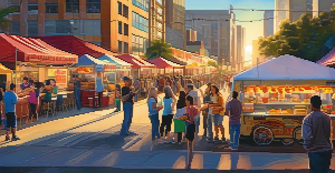 A colorful street food scene in San Diego with food trucks and people enjoying their meals at sunset.
