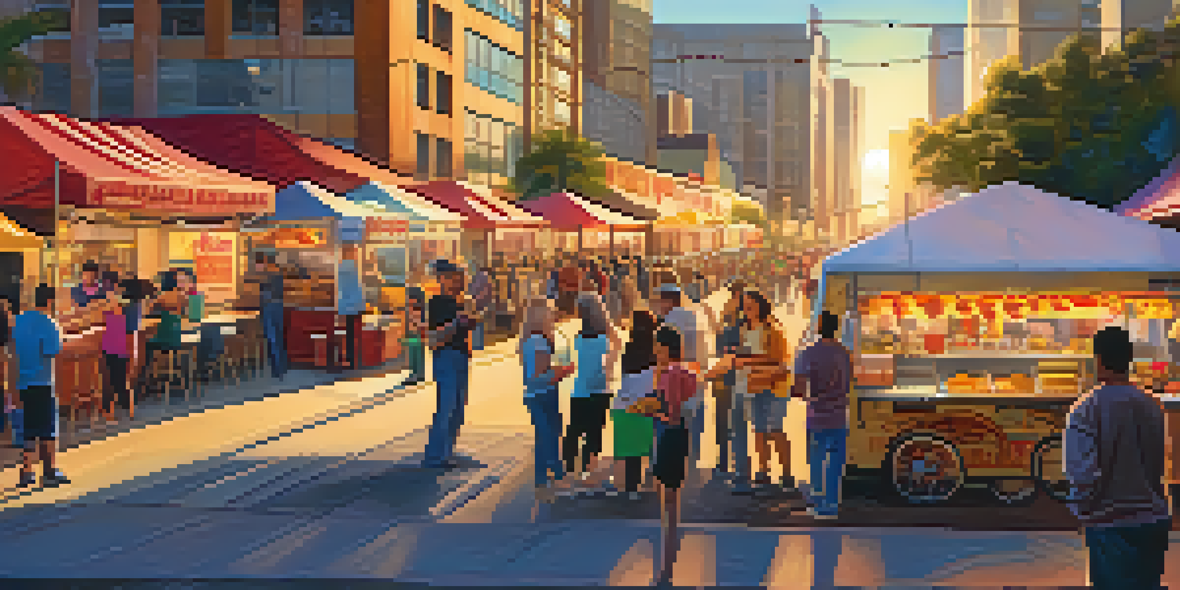 A colorful street food scene in San Diego with food trucks and people enjoying their meals at sunset.