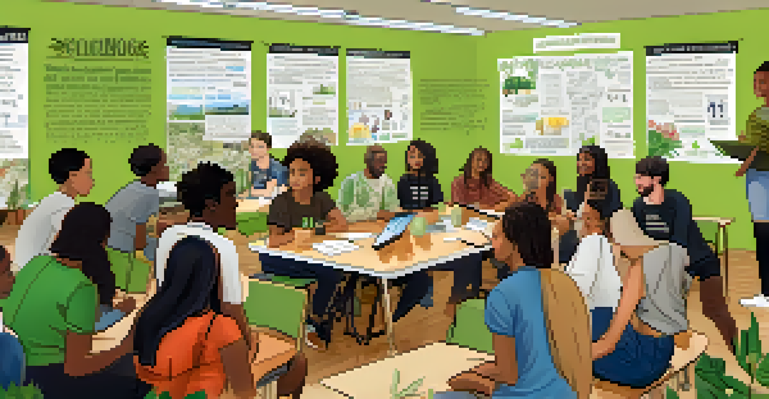 A group of young advocates in a community center discussing a climate action campaign, surrounded by posters and plants, with one person presenting ideas on a whiteboard.