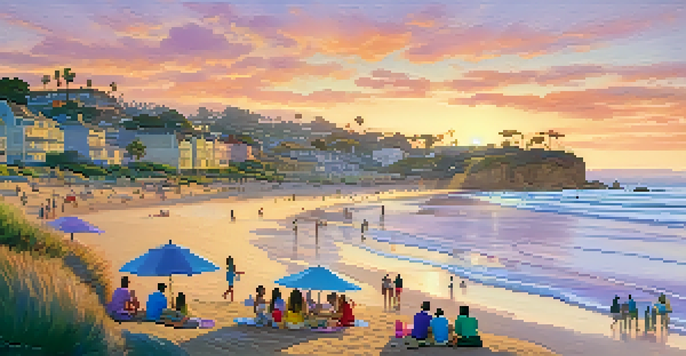 A family having a picnic on La Jolla beach at sunset, with colorful umbrellas and a vibrant sky.