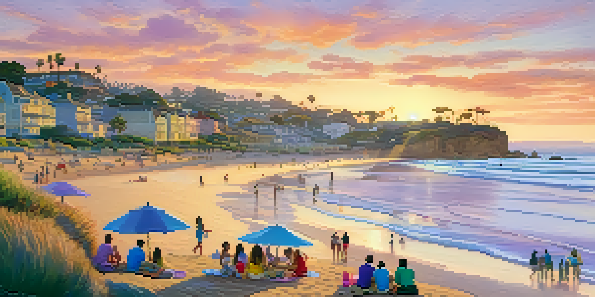 A family having a picnic on La Jolla beach at sunset, with colorful umbrellas and a vibrant sky.
