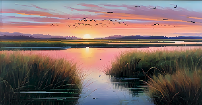 A peaceful coastal wetland at sunset with colorful reflections on the water, marsh plants in the foreground, and birds flying in the distance.