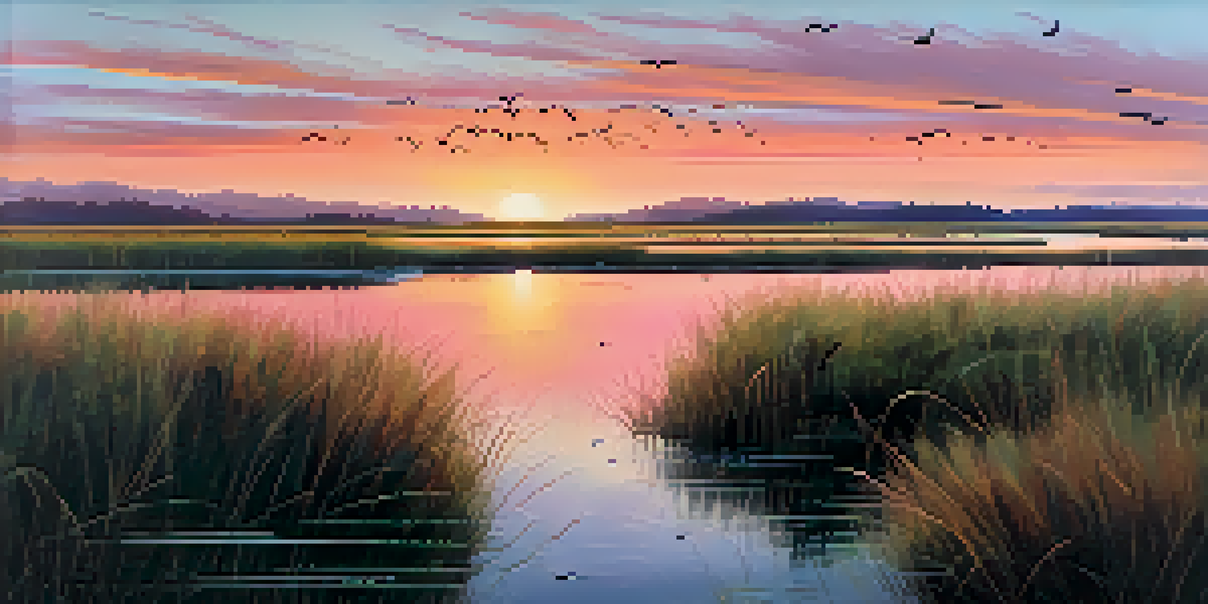 A peaceful coastal wetland at sunset with colorful reflections on the water, marsh plants in the foreground, and birds flying in the distance.