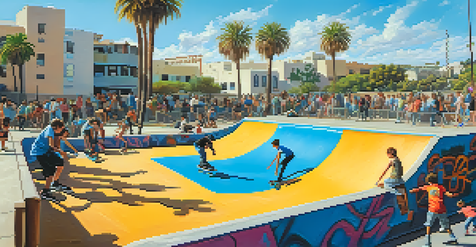 A lively skate park in San Diego filled with skaters performing tricks under a sunny sky.