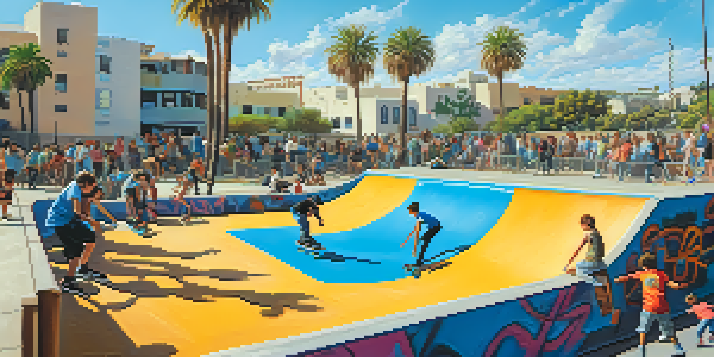 A lively skate park in San Diego filled with skaters performing tricks under a sunny sky.