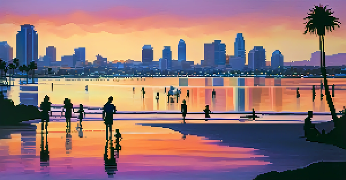 A beautiful sunset over San Diego's skyline with military families enjoying a picnic on the beach, framed by palm trees.