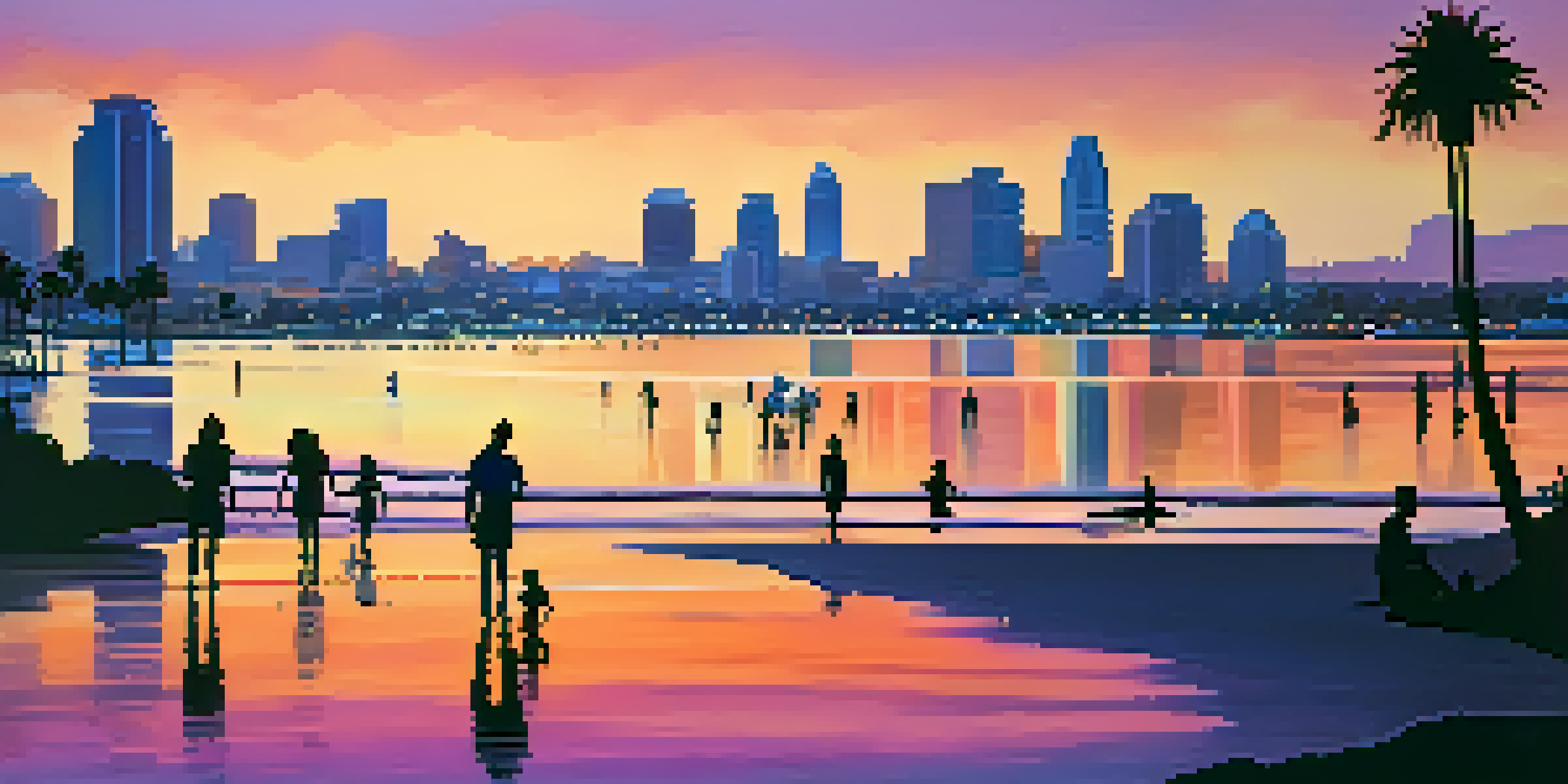 A beautiful sunset over San Diego's skyline with military families enjoying a picnic on the beach, framed by palm trees.