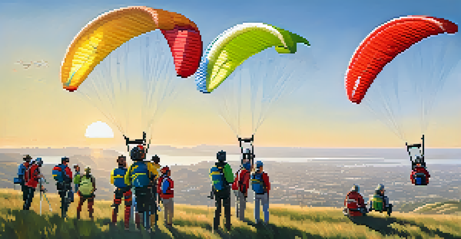 Group of paragliding enthusiasts on a hill, preparing for their flight with the San Diego landscape in the background.