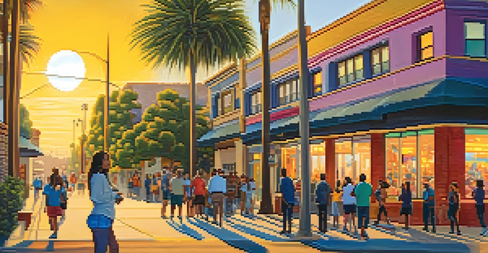 A lively street scene in North Park, San Diego, with colorful murals and people admiring the artwork during sunset.
