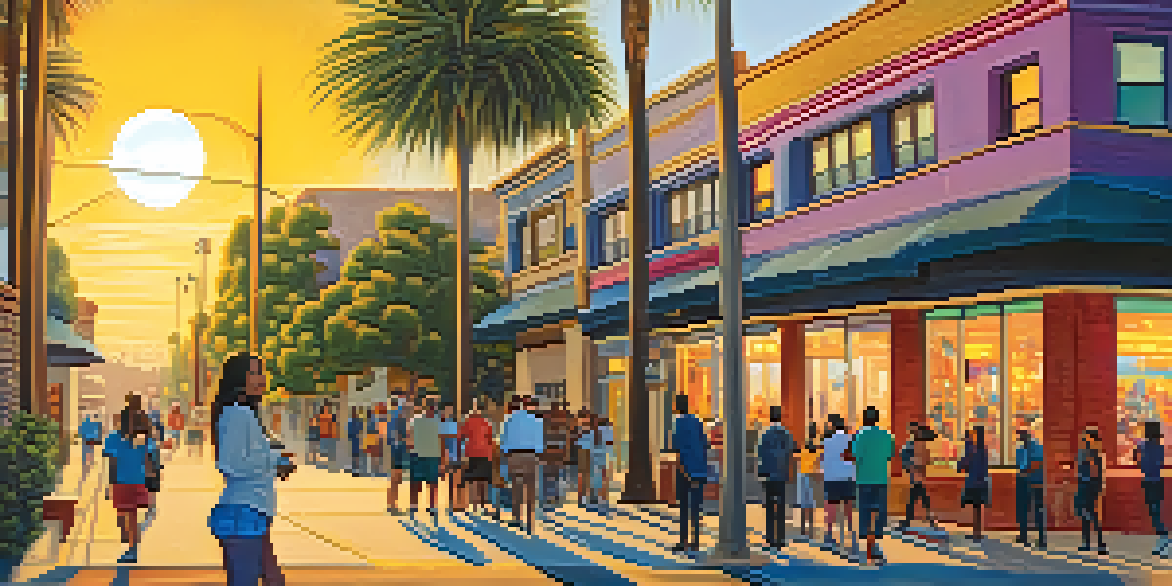 A lively street scene in North Park, San Diego, with colorful murals and people admiring the artwork during sunset.