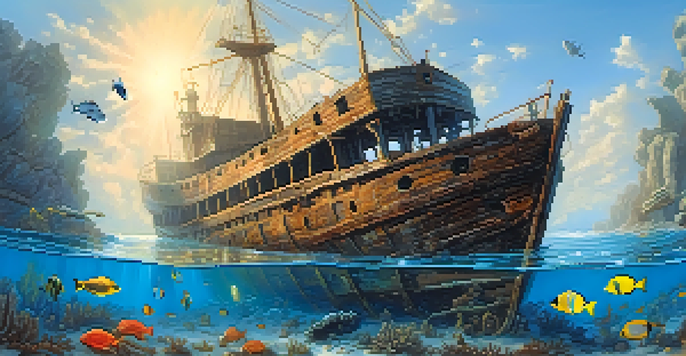 An underwater view of a shipwreck with sunlit water, featuring rusted metal and fish swimming around.