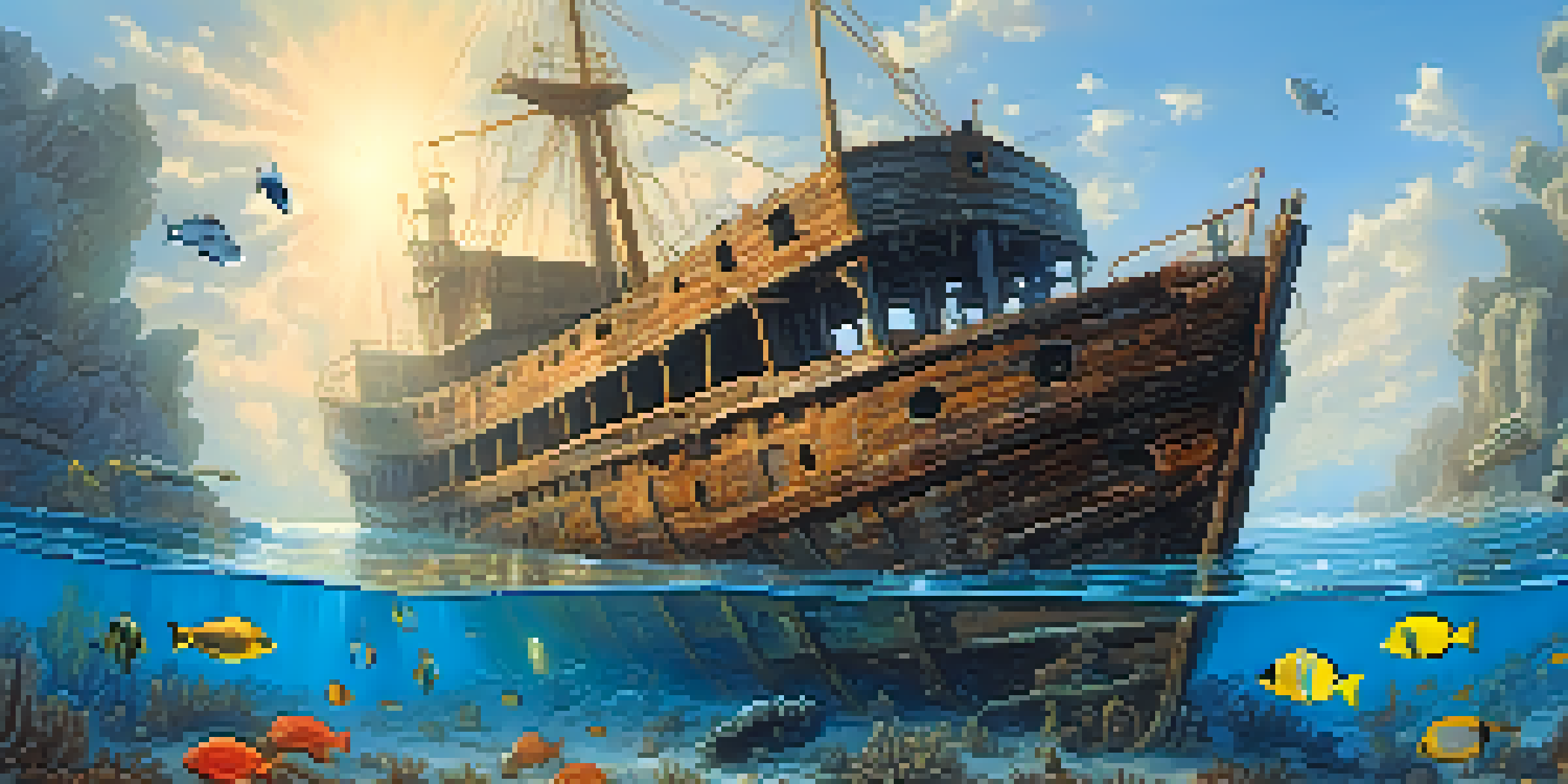 An underwater view of a shipwreck with sunlit water, featuring rusted metal and fish swimming around.
