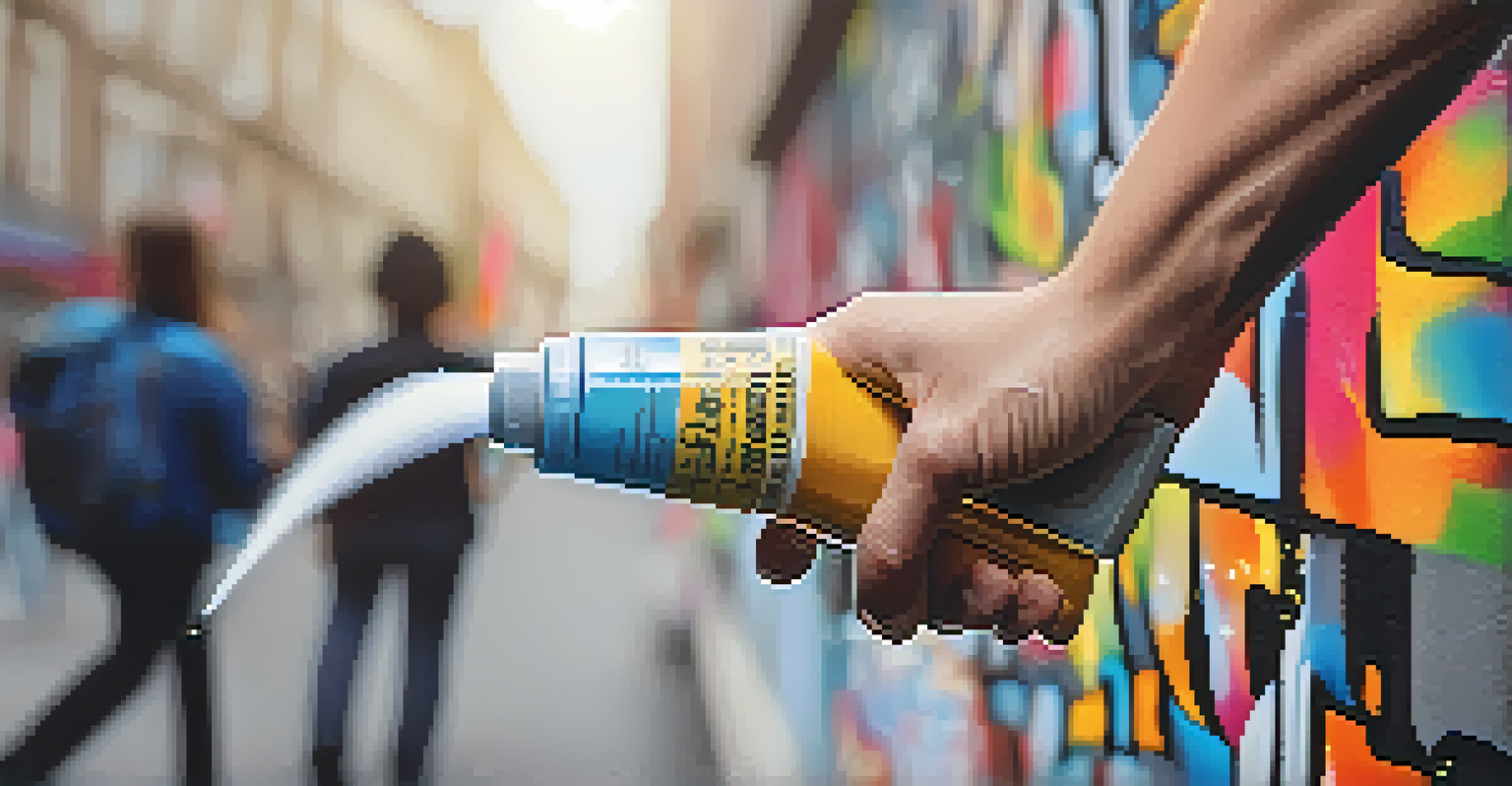 Close-up of a street artist's hand spray-painting vibrant designs on a wall in an urban setting.