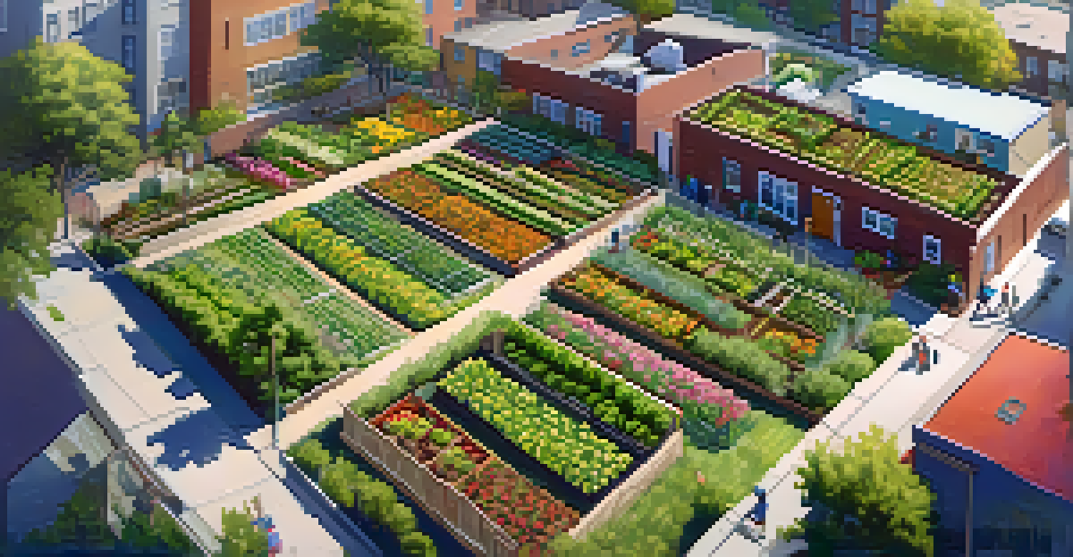 An aerial view of a community garden in an urban setting, showcasing rows of vegetables and fruit trees amidst the city landscape.