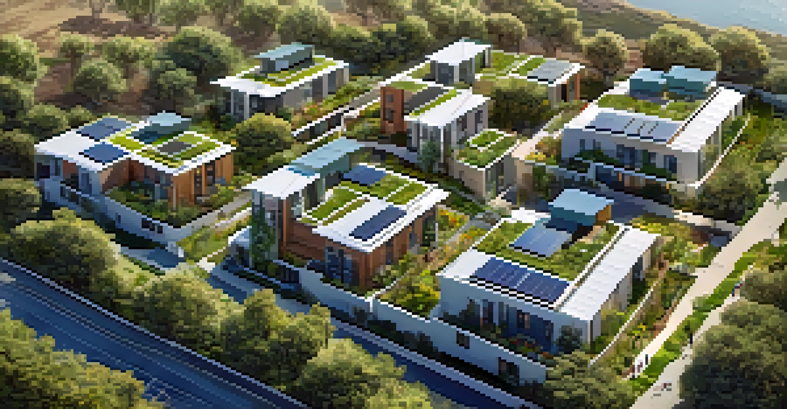 An aerial view of a sustainable housing complex in San Diego, showing green roofs and community gardens.