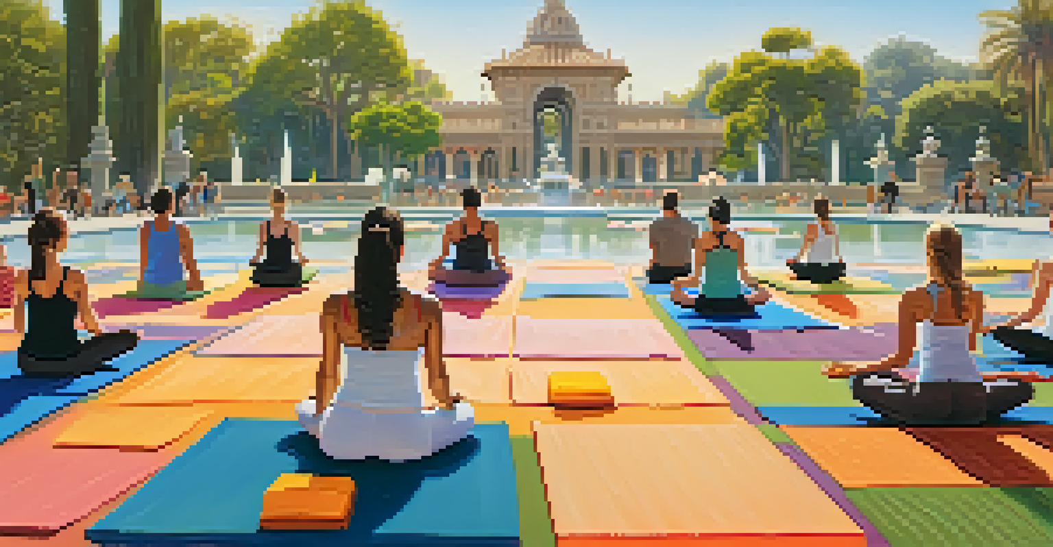 A group of people practicing Downward Dog yoga poses near a lily pond in Balboa Park with fountains in the background.