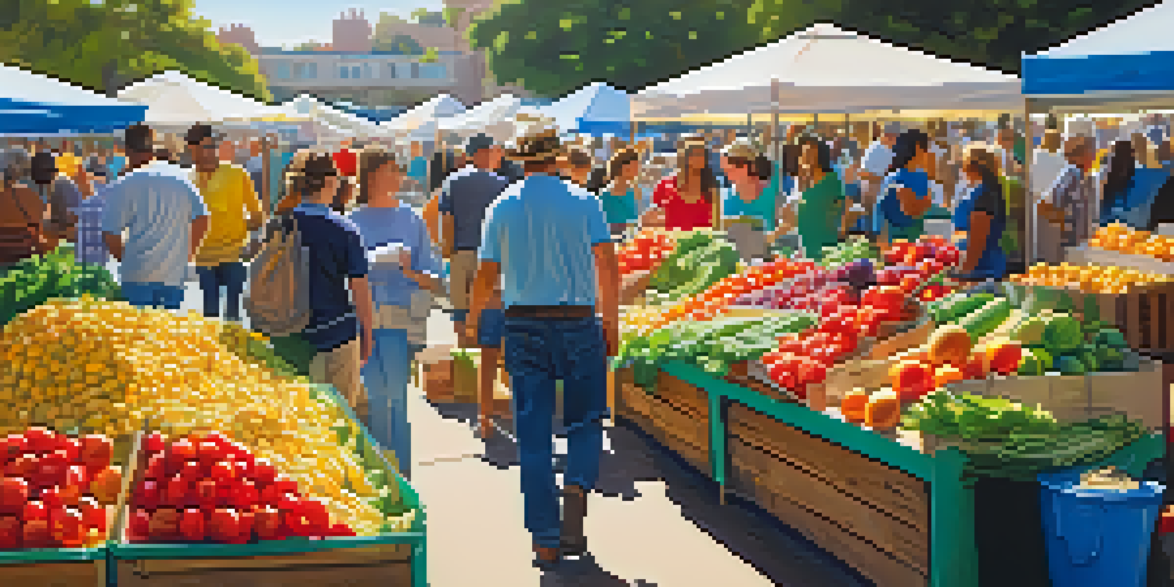 A lively farmers' market in San Diego filled with fresh produce, local farmers, and families enjoying the scene under warm sunlight.
