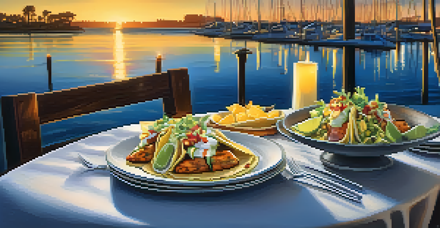 A picturesque dining table by the harbor featuring gourmet fish tacos with colorful toppings and a sunset view.
