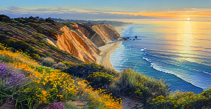 A breathtaking sunset view over the Pacific Ocean from the cliffs of Torrey Pines, featuring colorful wildflowers and rugged cliffs.