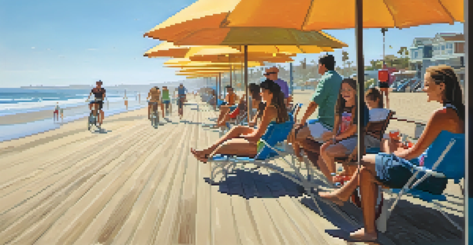 Families and casual cyclists enjoying a sunny day at the Mission Beach Boardwalk, with surfers in the background and beach umbrellas.