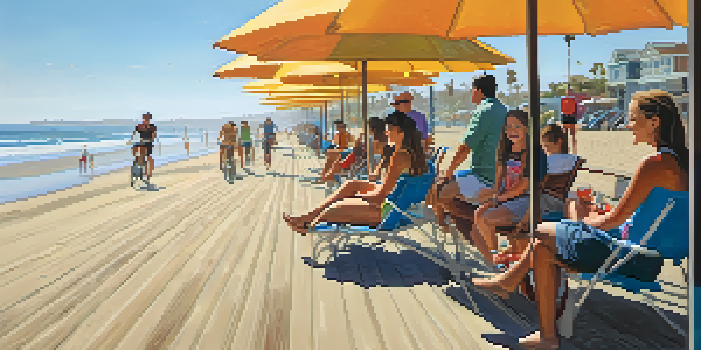 Families and casual cyclists enjoying a sunny day at the Mission Beach Boardwalk, with surfers in the background and beach umbrellas.