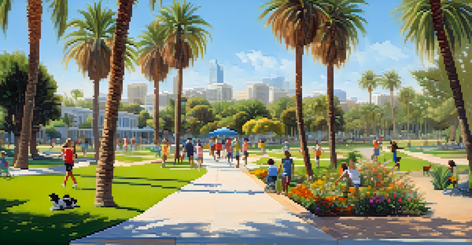 A lively park in San Diego with people enjoying outdoor activities, children playing, and blooming flowers under a sunny sky.