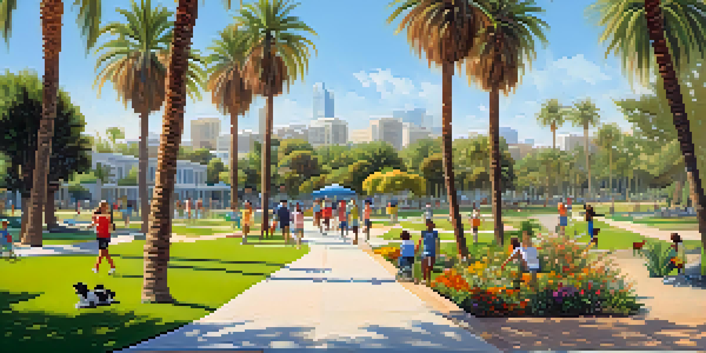 A lively park in San Diego with people enjoying outdoor activities, children playing, and blooming flowers under a sunny sky.
