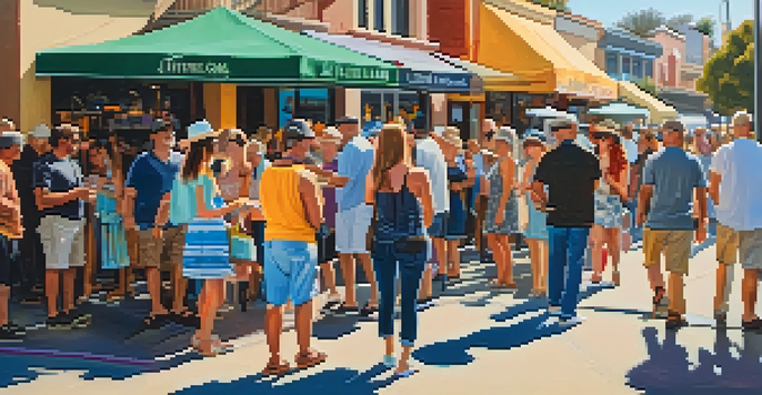 A bustling street during an art walk, with colorful art displays and a crowd of people enjoying the event in warm golden light.