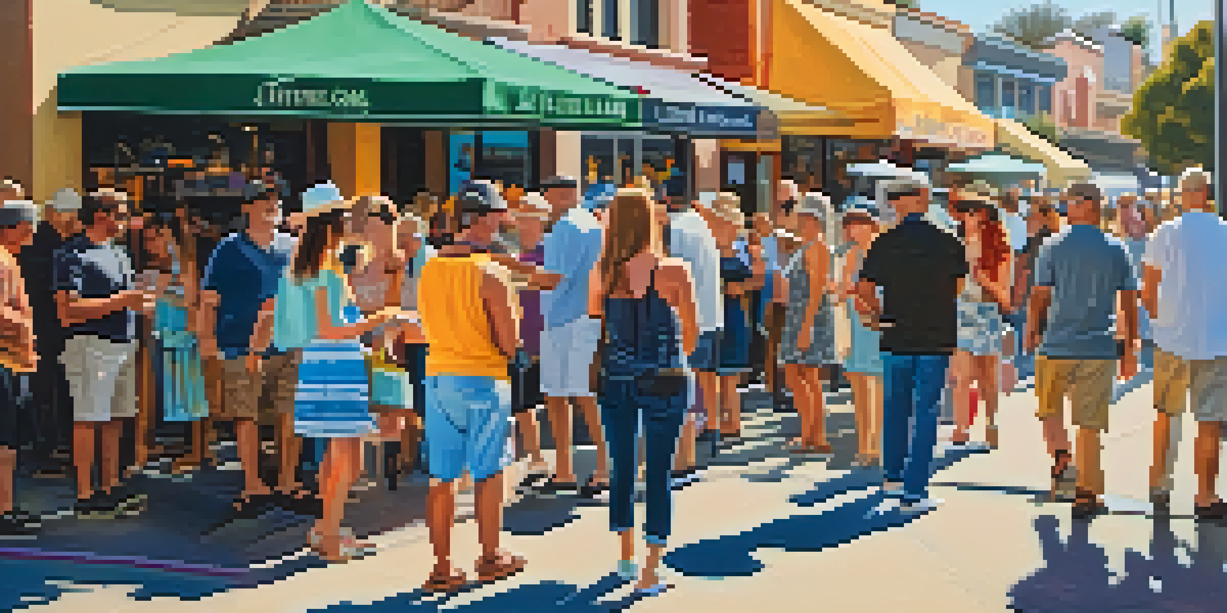 A bustling street during an art walk, with colorful art displays and a crowd of people enjoying the event in warm golden light.