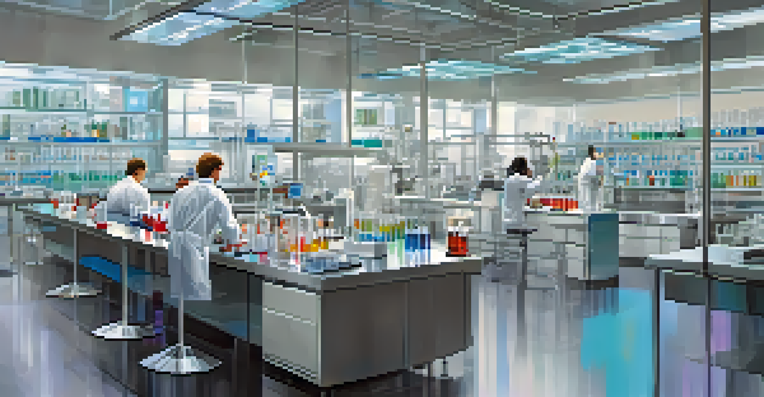 An interior shot of a high-tech biotechnology laboratory with researchers and advanced equipment.