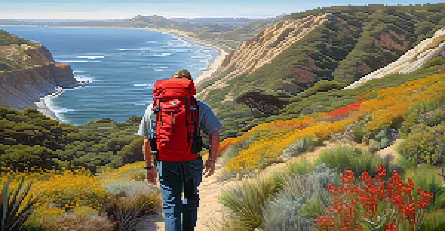 A hiker on a scenic trail in San Diego's diverse landscape with coastal bluffs and wildflowers.