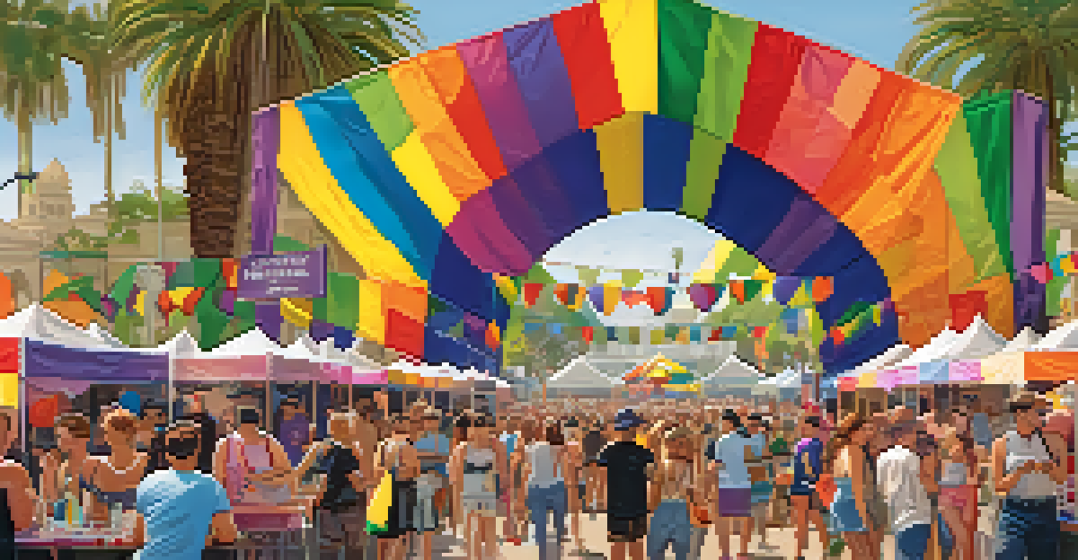 A colorful festival scene at San Diego Pride in Balboa Park, featuring vendors, food, and performers, filled with attendees celebrating diversity.