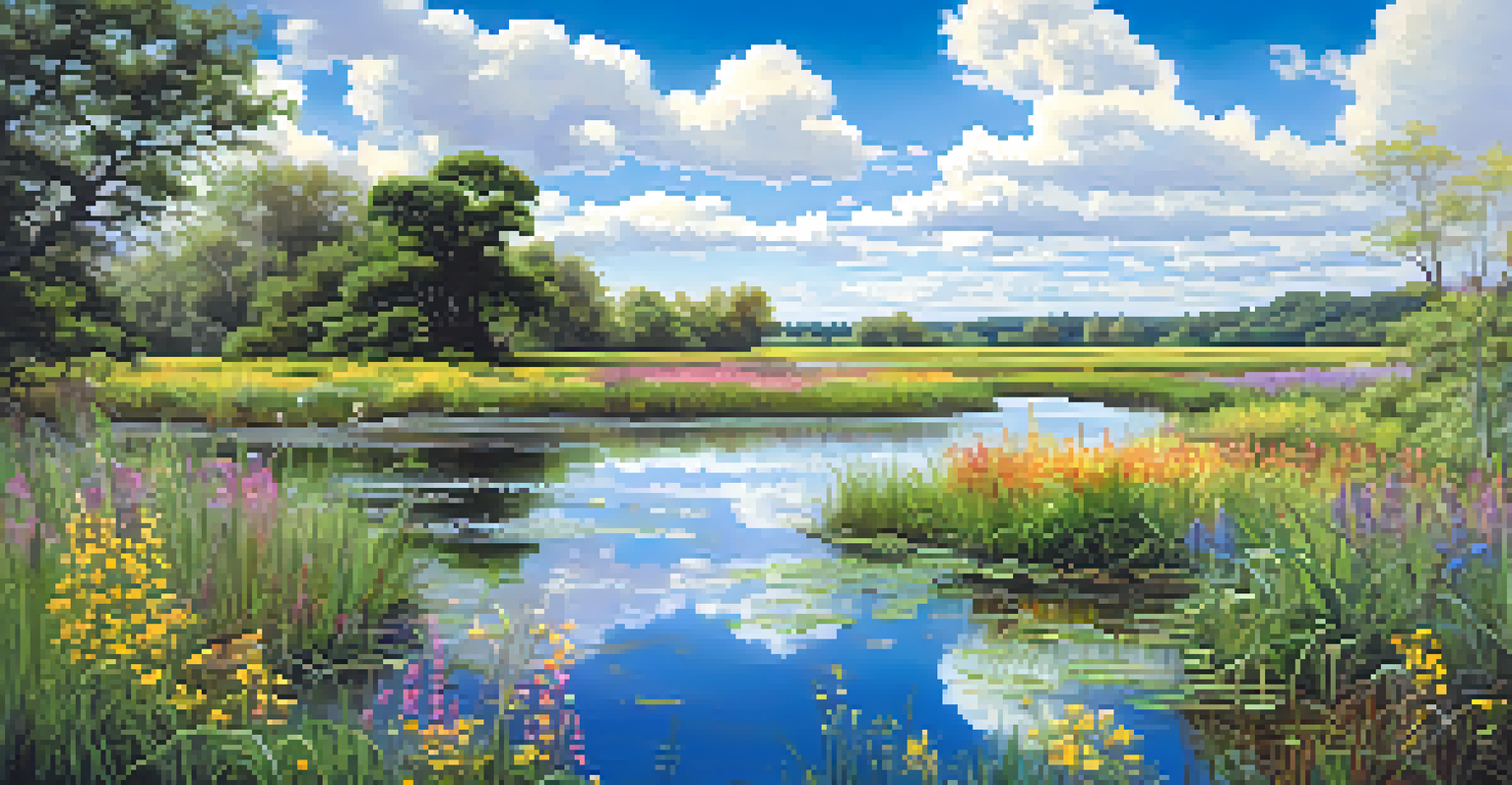 A lively wetland ecosystem with nesting birds, a winding stream, and blooming wildflowers under a blue sky.