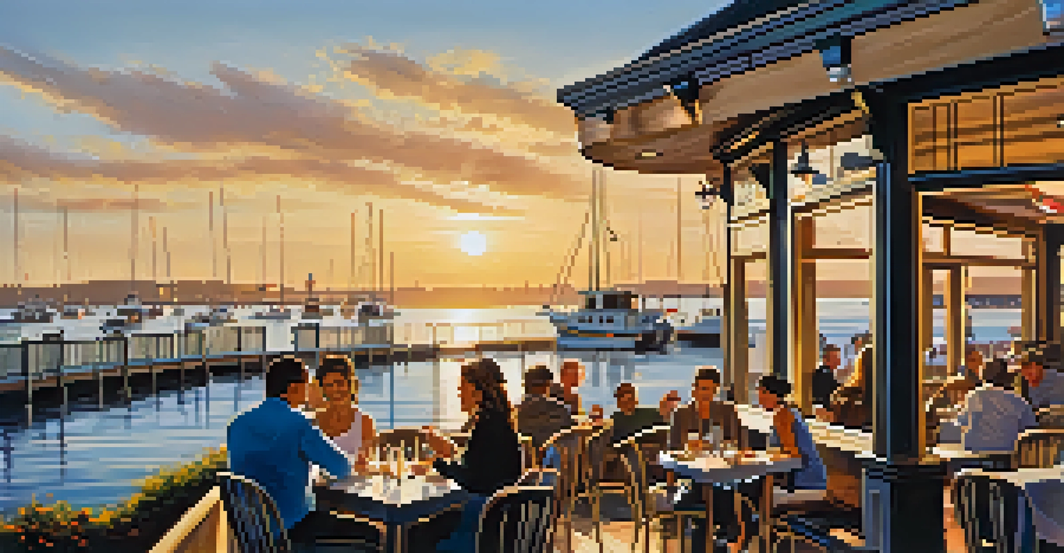 An outdoor seafood restaurant in San Diego with diners enjoying meals and a sunset view over the harbor.