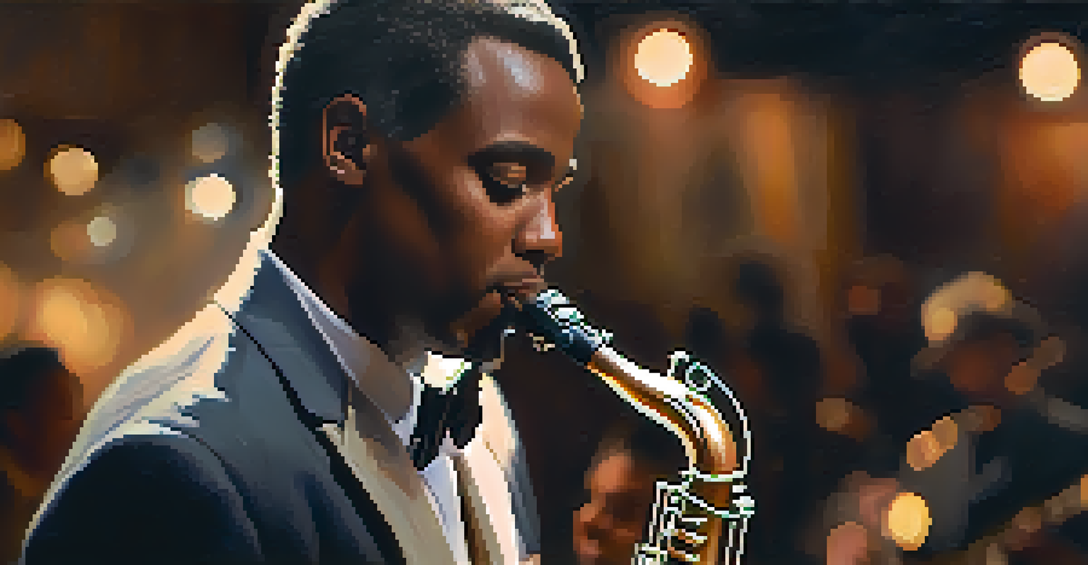 Close-up of a jazz musician playing a saxophone on stage with warm lighting, showcasing the emotion of live music.